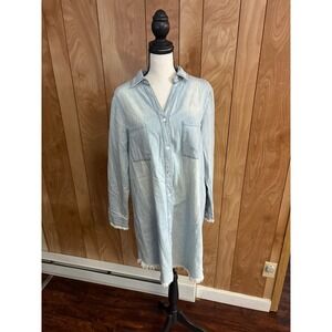 Zilcremo Womens Light Wash Denim Shirt Dress Frayed Hem Long Sleeve Tunic M